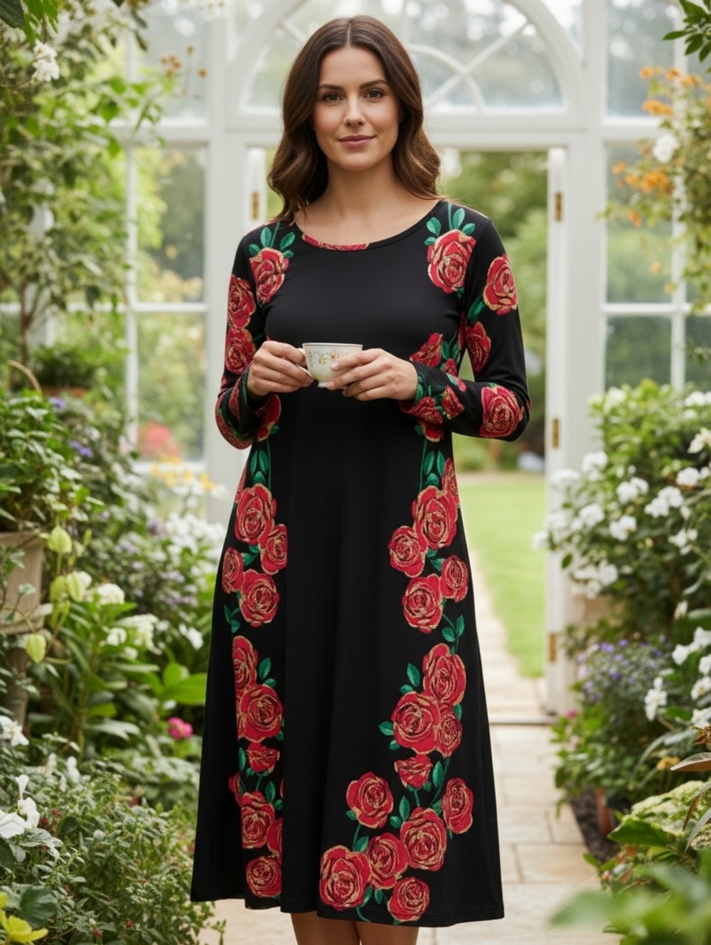 LuLaRoe Black Long Sleeve Dress with Red Rose Print